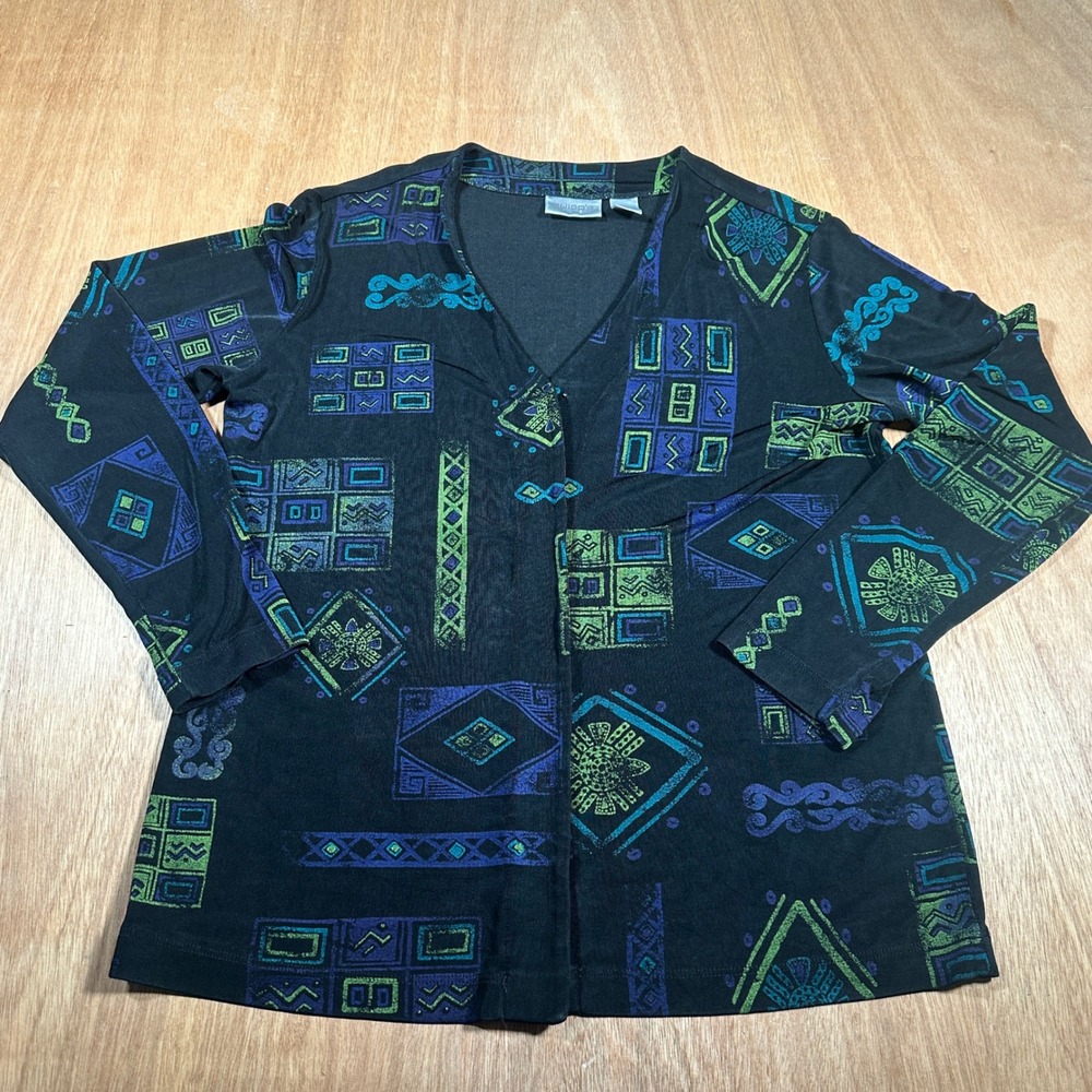 Chicos Travelers Top Women Sz 1 (8) Black Blue Green Geometric Tribal Print